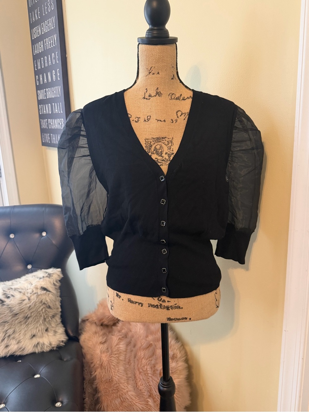 New York & Company Black Puff-Sleeve Button Cardigan